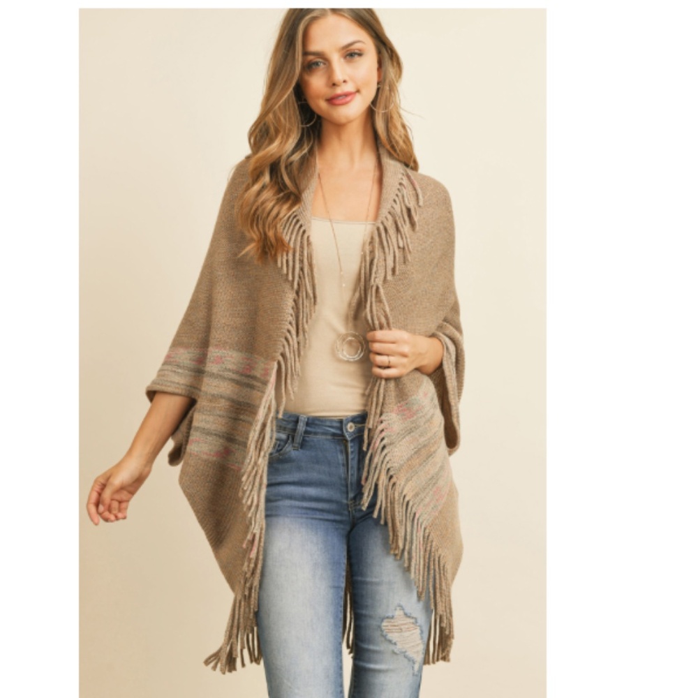 Riah metallic thread Khaki Fringe Open Front Cocoon Kimono
